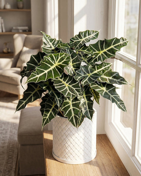 A close-up shot of an Alocasia plant in a white woven planter pot, sitting on a wooden surface near a window.