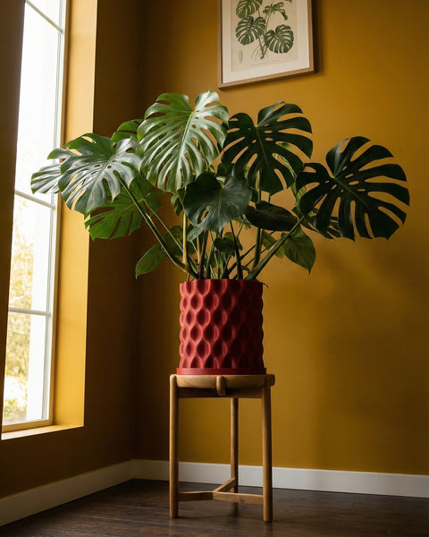 A Monstera plant in a red textured planter sits atop a wooden stand near a window, against a mustard-colored wall with a framed botanical print.