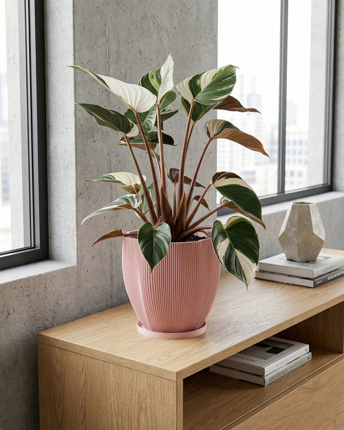 A pink planter pot with a green plant sits on a wooden table next to books and a gold lamp.