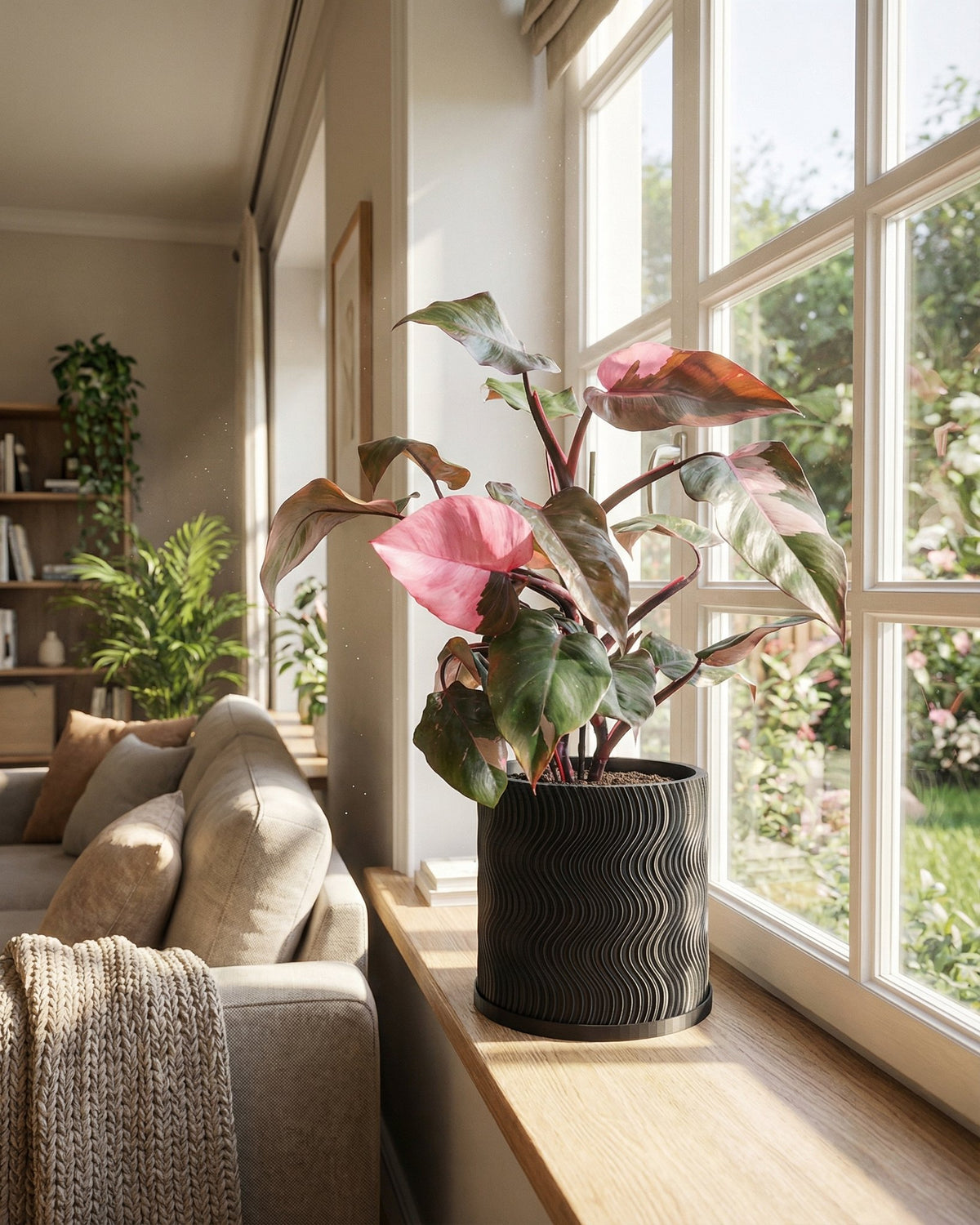 A Philodendron Pink Princess plant in a black planter pot sits on a window sill in a sunlit room.