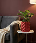 A red planter pot with a geometric design sits on a marble table next to a gray couch with a white blanket.