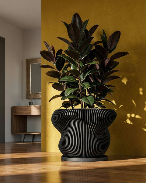 A snake plant in a black, ribbed planter sits on a light wood shelf in a modern room.