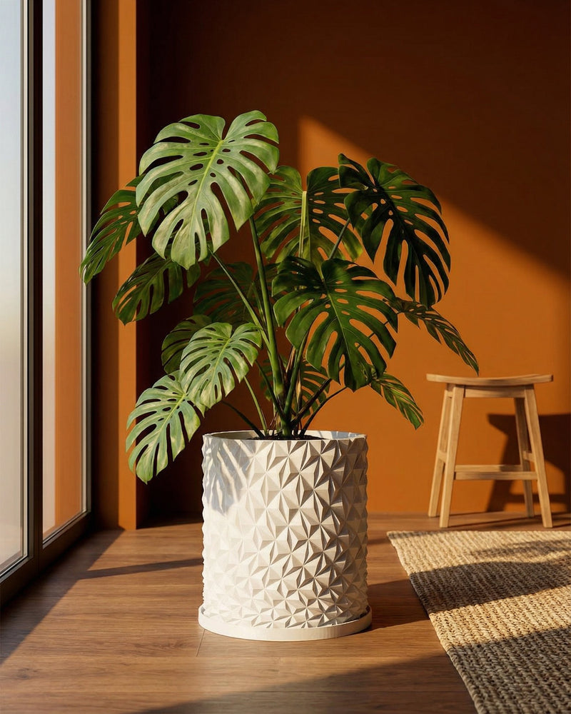 A monstera plant sits in a white geometric planter pot on a wooden floor near a window and stool.