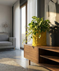 A vibrant yellow planter pot filled with lush green foliage sits atop a wooden cabinet in a sunlit room.