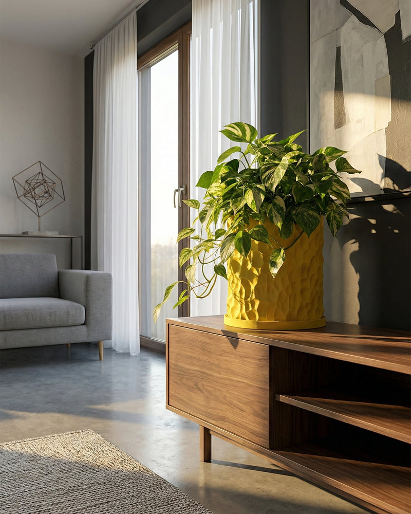 A vibrant yellow planter pot filled with lush green foliage sits atop a wooden cabinet in a sunlit room.