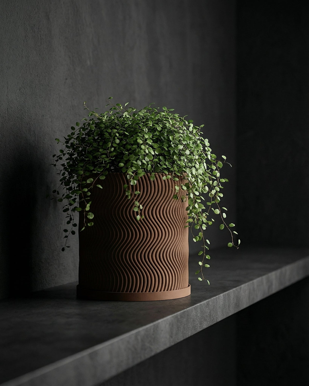 A brown, wavy-textured planter pot with a lush green plant cascading over its edges, displayed on a dark shelf against a dark wall.