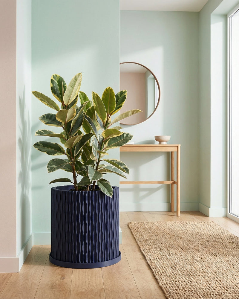 A blue planter pot with a textured design sits on a wooden bench, filled with a lush green plant with unique leaf shapes.