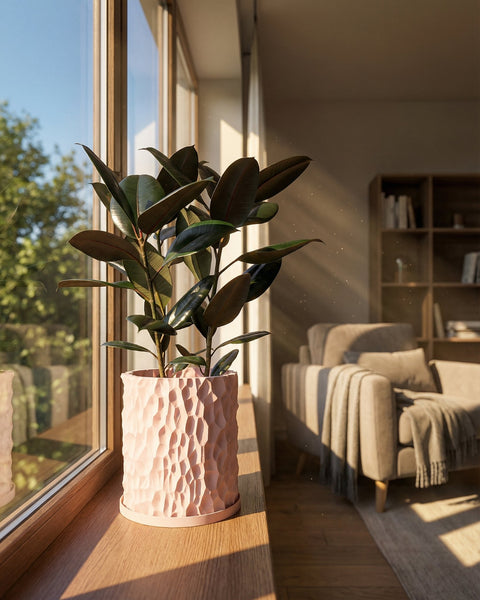 A pink planter pot with a rubber plant sits on a wooden windowsill in a sunlit room. A cozy armchair and bookshelf are in the background.