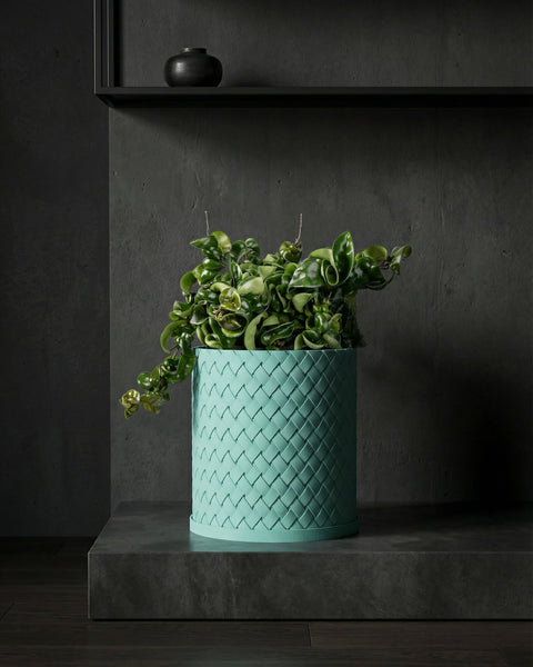 A turquoise woven planter pot with a green plant sits on a dark gray surface with a dark gray wall and shelf in the background.