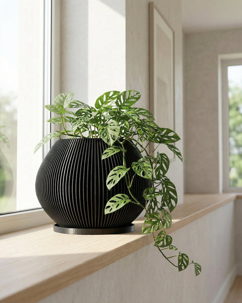 A vibrant philodendron plant spills out of a modern black planter pot with a ribbed design. The pot sits atop a concrete pedestal, set against a backdrop of a minimalist interior with sheer curtains and a bookshelf.