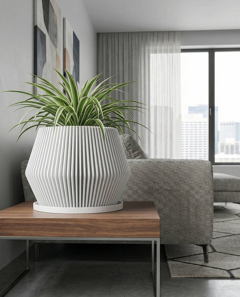 A planter pot with a plant in it is on a wooden table. The pot is white and has a ribbed design. The plant has large, green and pink leaves. In the background, there is a window with white curtains and a gray chair.