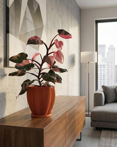 A spider plant in a textured, terracotta-colored pot sits on a white windowsill, bathed in soft, natural light.