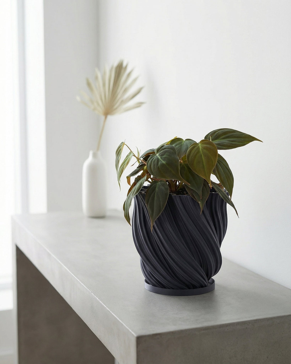 A snake plant in a blue, textured planter pot sits on a wooden windowsill next to a bright window.