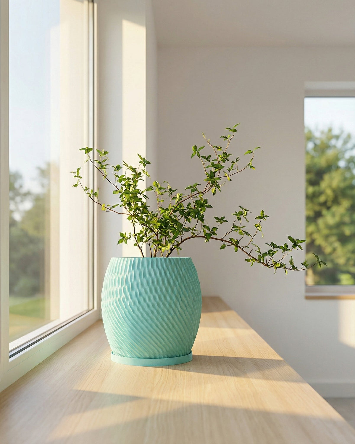 A light blue planter with a plant sits on a wooden windowsill in front of a window.