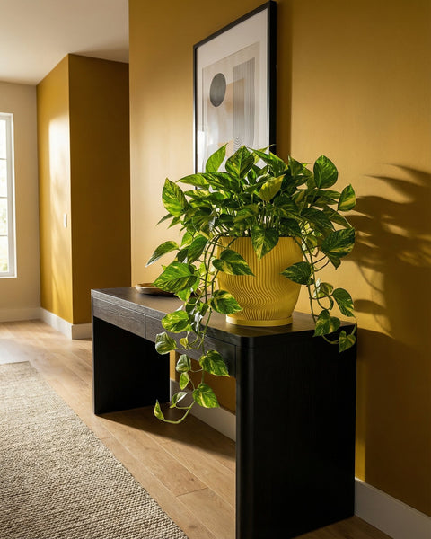 A yellow planter pot with a pothos plant sits on a dark wood table against a mustard-colored wall with a framed print.