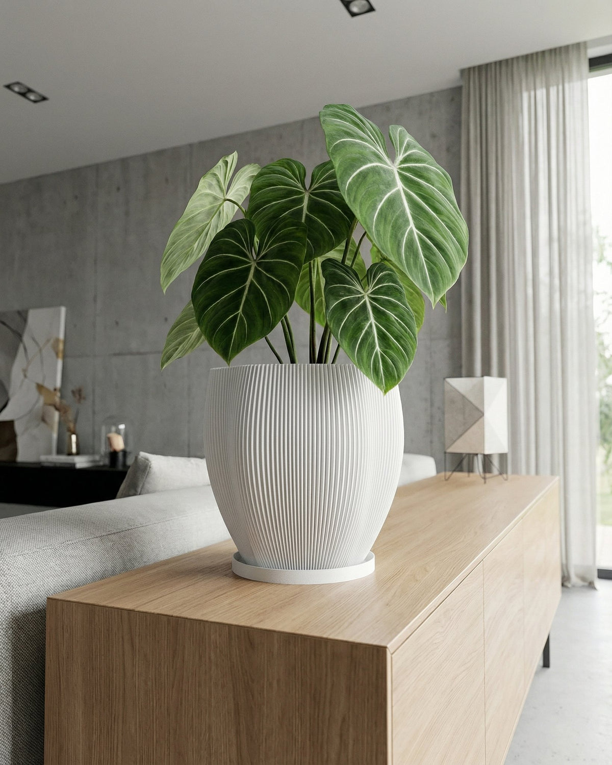 A white planter pot with a polka dot plant sits on a round concrete table. A rug and bench are in the background.