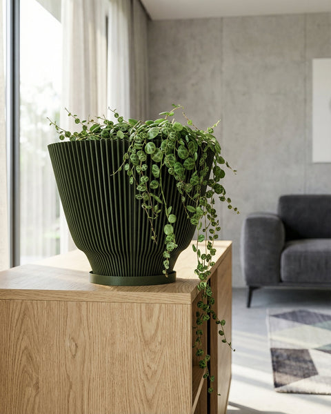 A green planter pot with a string of turtles plant sits on a wooden cabinet in a modern living room. The pot has a unique vertical slat design, and the plant's vines cascade down the side. The background includes a gray sofa, a patterned rug, and sheer curtains.