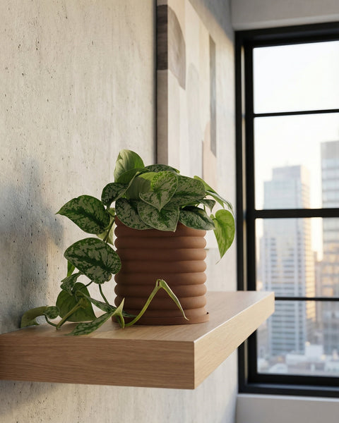 A planter pot with a green plant sits on a wooden shelf in front of a window with a city view.