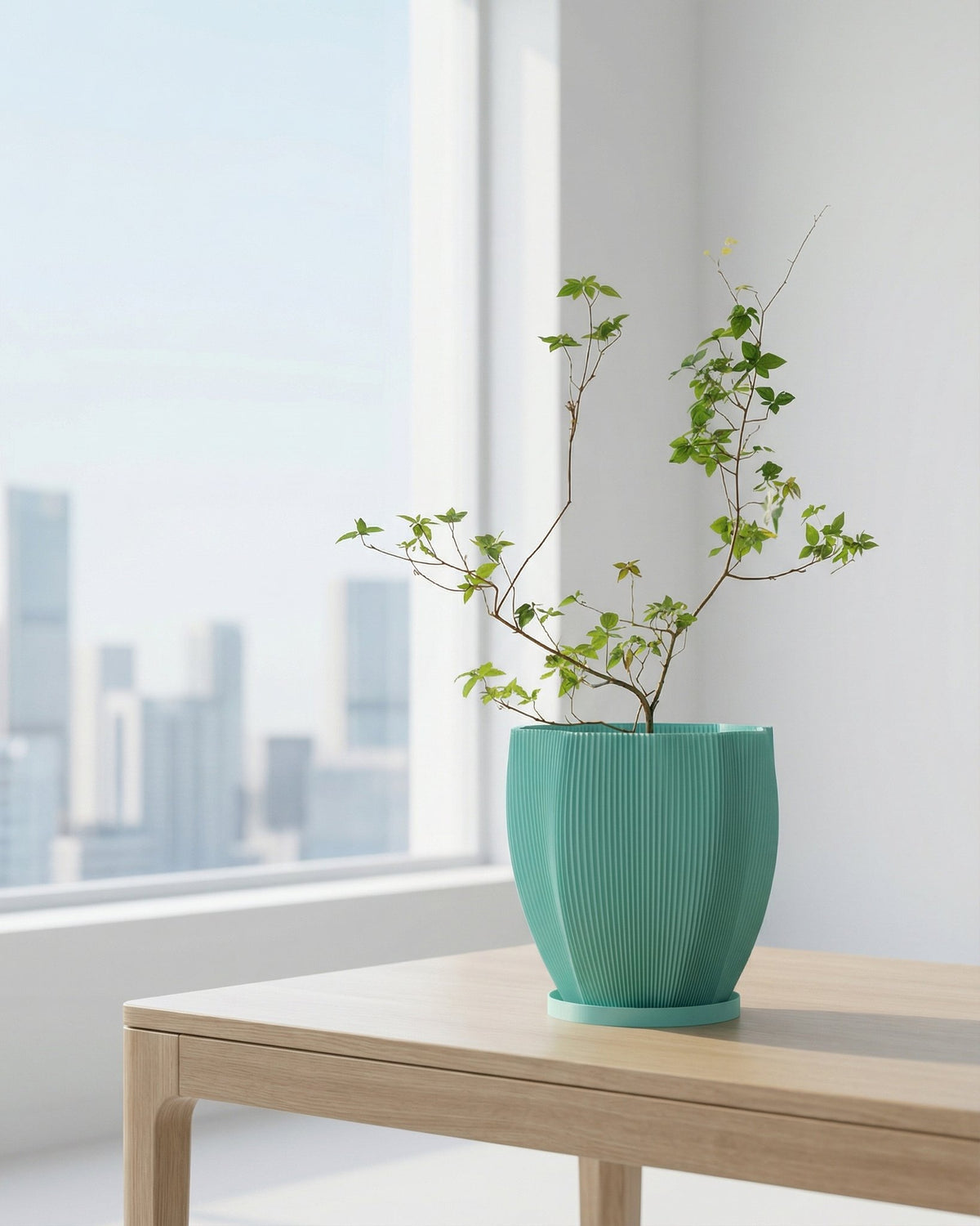 A light blue planter pot sits on a wooden table next to a gray sofa with a throw blanket in a room with dark green walls.