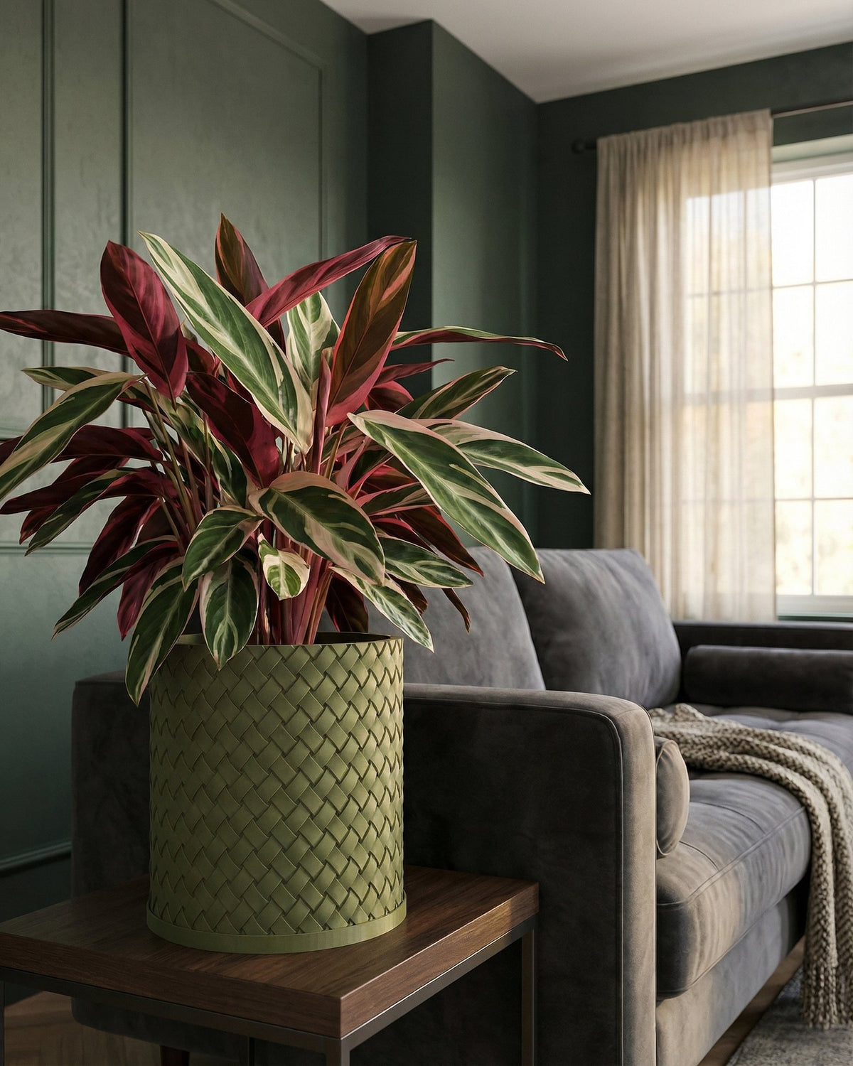 A green woven planter pot sits on a wooden table next to a gray couch in a room with green walls and a window.