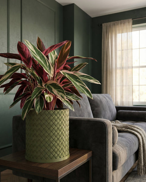 A green woven planter pot sits on a wooden table next to a gray couch in a room with green walls and a window.