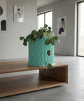 A light blue planter with a plant sits on a wooden windowsill in front of a window.