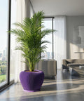 A purple planter pot with a green plant inside is in a modern living room with large windows.