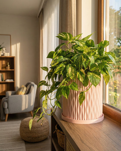A pink planter pot with a rubber plant sits on a wooden cabinet in a green entryway with a round mirror on the wall.