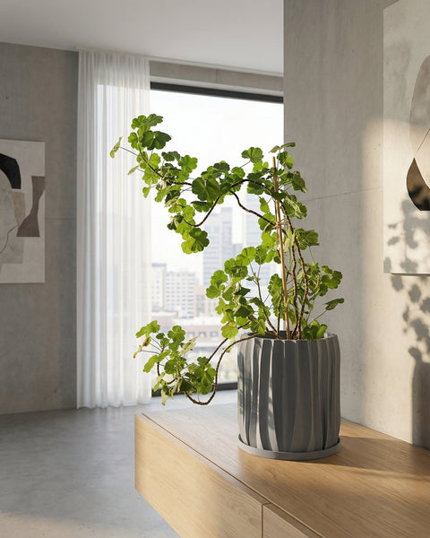 A gray, textured planter pot with a peace lily sits on a wooden console table in a modern entryway with a round mirror.