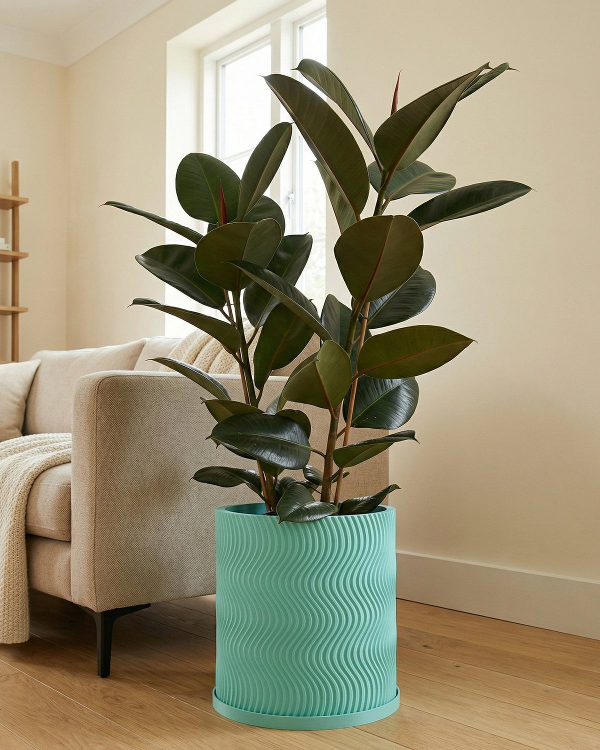 A rubber plant in a light blue planter pot with a wavy design sits on a wooden floor next to a beige couch.