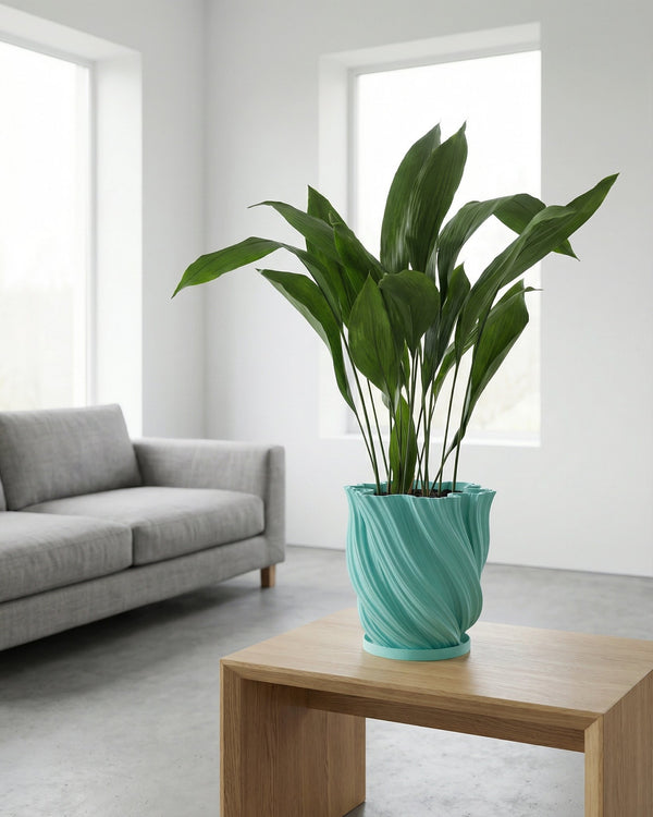 A light blue planter pot sits on a wooden table next to a gray sofa with a throw blanket in a room with dark green walls.