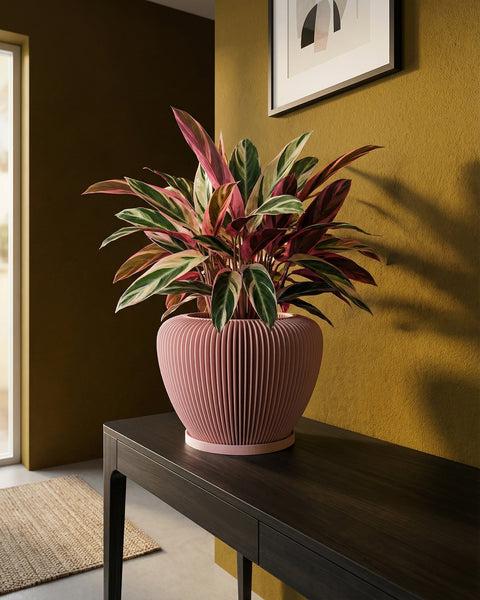 A pink planter pot with a plant in it sits on a dark wood table against a yellow wall with a framed picture.