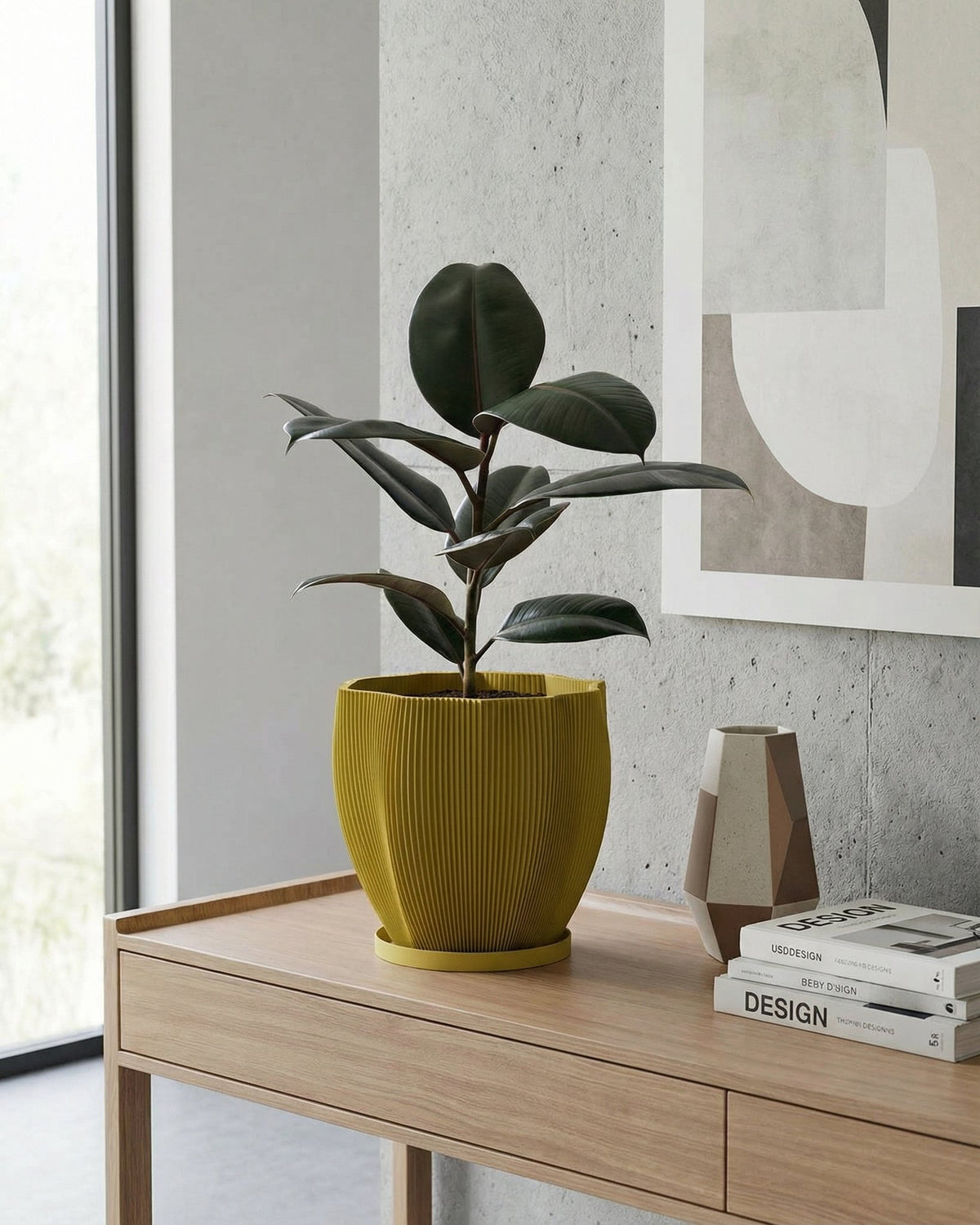A yellow textured planter pot with a plant next to a gray couch and a round rug in a room with dark green walls.