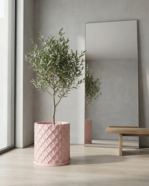 A pink planter pot with a green plant sits on a wooden table in a blue room with a round mirror.