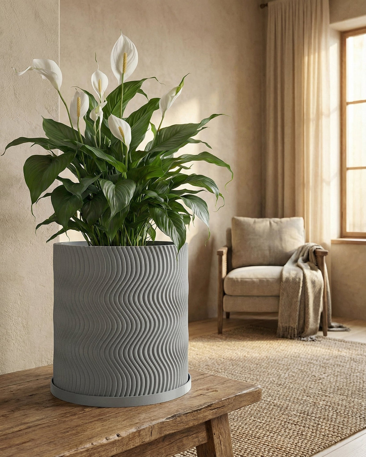 A peace lily in a gray planter pot with a wavy design sits on a wooden table in a cozy room.