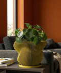 A green planter pot with a bonsai tree sits on a wooden table next to a gray couch in a living room.