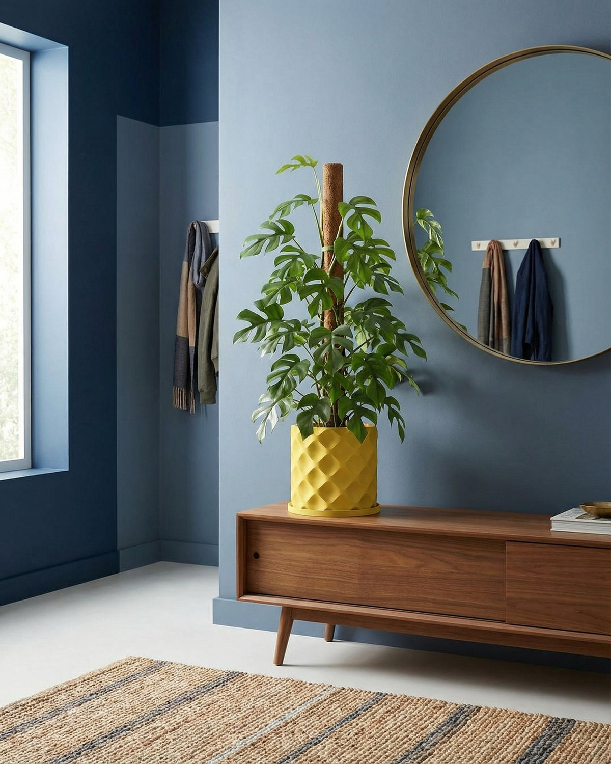 A yellow planter pot with a green plant on a wooden cabinet against a blue wall with a round mirror.