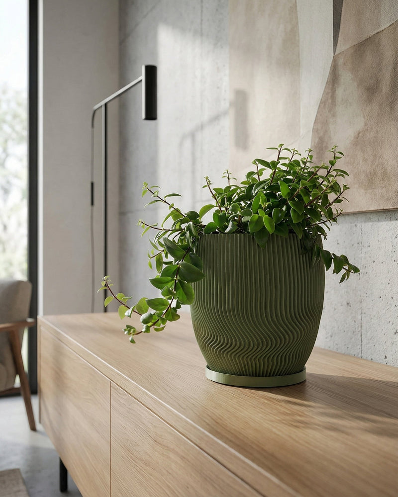A green planter pot with a wavy design sits on a wooden cabinet. The pot contains a lush green plant.