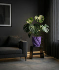 A purple planter pot with a plant on a wooden table. The pot has a textured design.