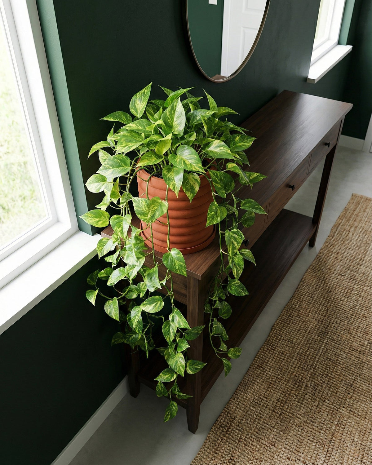 A vibrant pothos plant cascades from a ribbed, terracotta planter pot atop a dark wood console table, adding a touch of nature to the room.