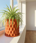 A spider plant in an orange textured planter pot sits on a windowsill with sunlight streaming in.