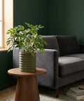 A green planter pot with a plant on a wooden table next to a gray couch.