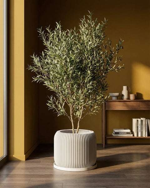 A bright green plant in a white geometric planter pot sits on a wooden windowsill with sunlight streaming through the window.