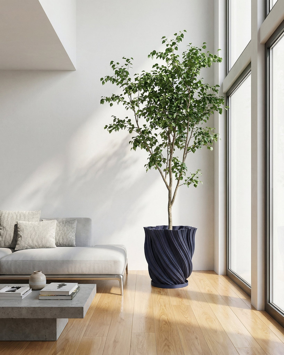 A ZZ plant in a textured, dark blue planter sits on a wooden shelf against an orange wall with a window.