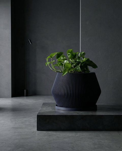 A black planter pot with a plant sitting on a marble coffee table in a living room. The living room has a gray couch with patterned pillows and a large painting on the wall. There is a window with white curtains in the background.