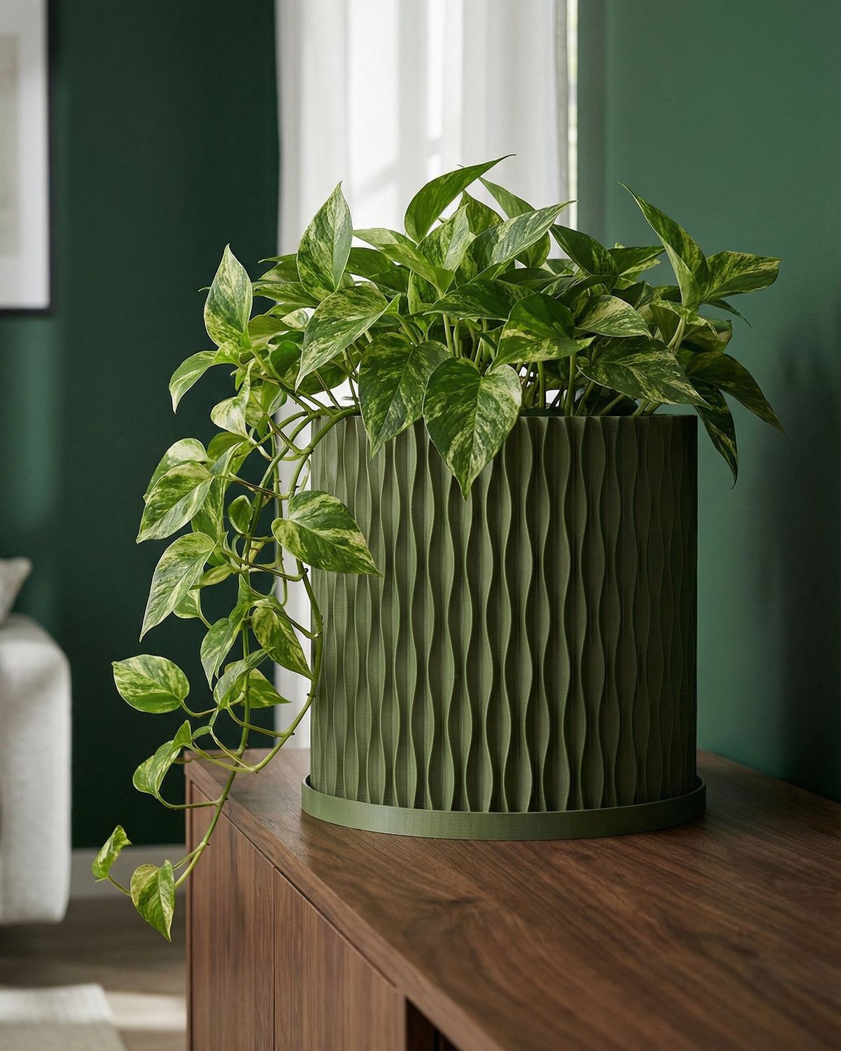 A green planter pot with a textured surface sits on a dark wooden table, filled with a lush green plant with variegated leaves. The background is a solid orange wall.