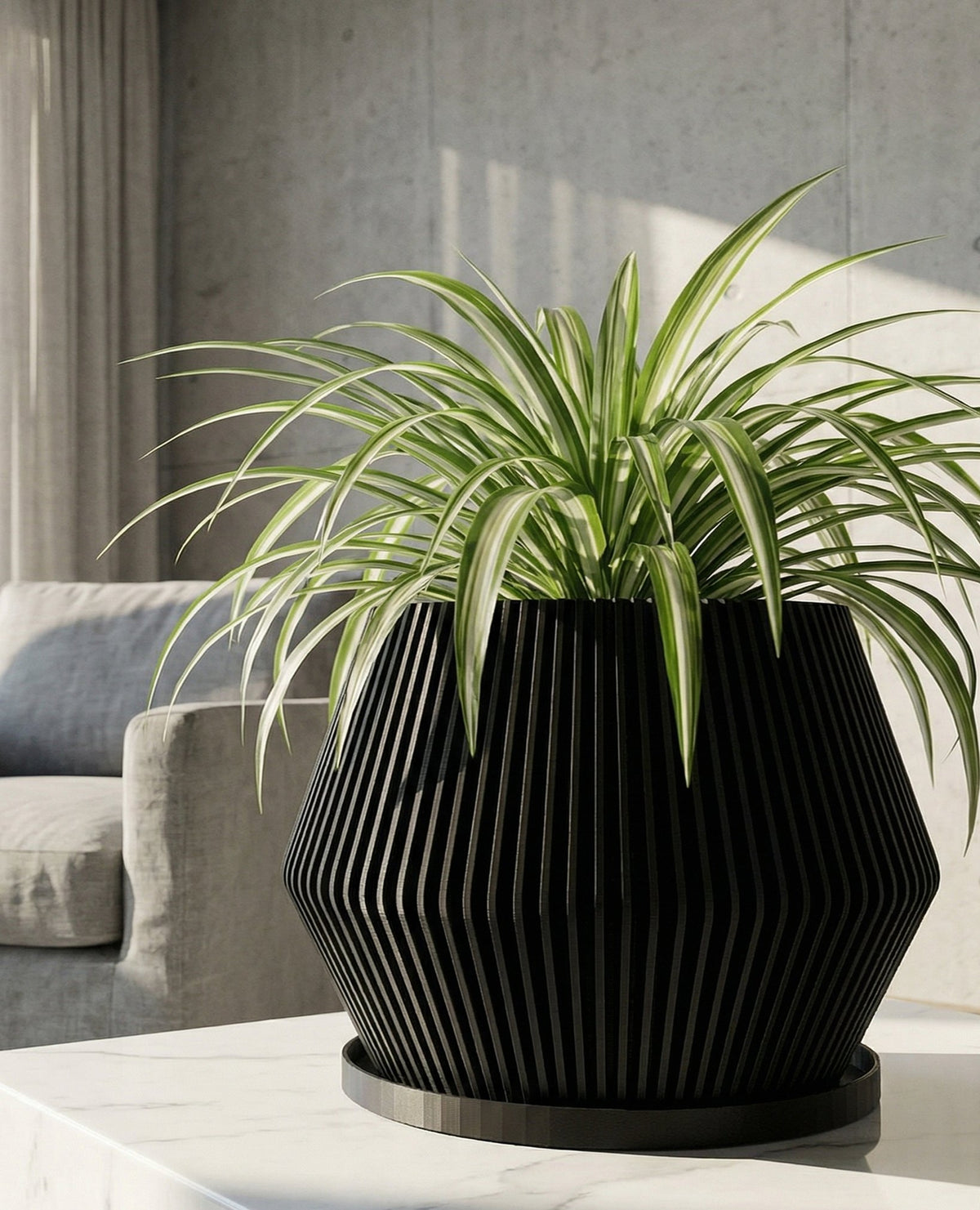 black ribbed plant pot Planter Pot With Drainage, Saucer Included
