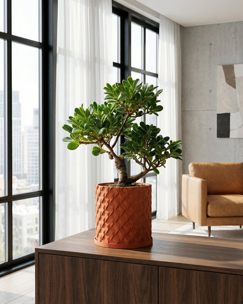 A planter pot with a plant sits on a table next to a gray couch and a lamp. The planter pot is orange and has a textured design.