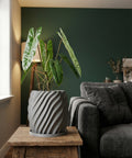 A gray planter pot with a green plant sits on a wooden table next to a gray couch. The planter pot has a unique, swirling design.