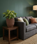 A brown planter pot with a plant sits on a wooden side table next to a gray couch with pillows.